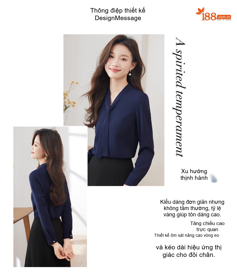 Áo Sơ Mi Nữ Cổ chữ V Chữ V Thắt Nơ Tay Dài Phong Cách Công Sở Màu Trắng, Xanh Navy chi tiết 3