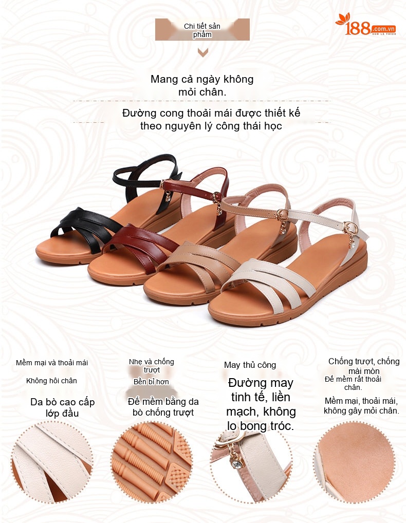 Dép Sandal Nữ Da Thật Quai Chéo Đế Mềm Chống Trượt Đế Cao 3cm - 4cm Màu Đỏ, Nâu, Đen, Kem chi tiết 3