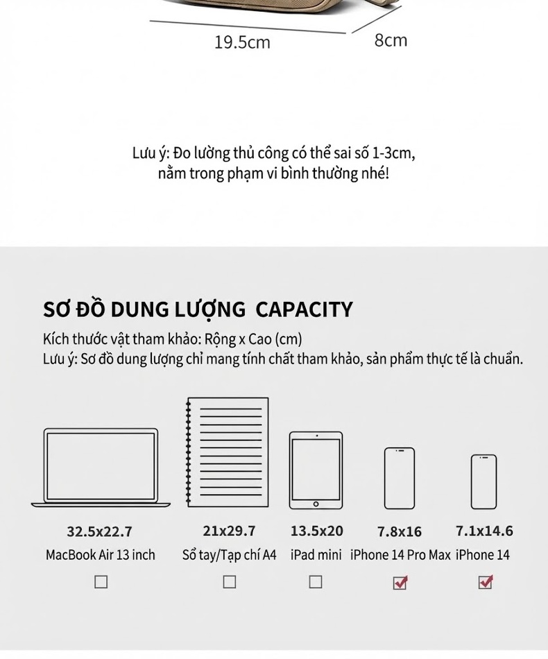 Túi Đeo Chéo Nữ Da Thật Mini Phom Vuông Màu Be chi tiết 5