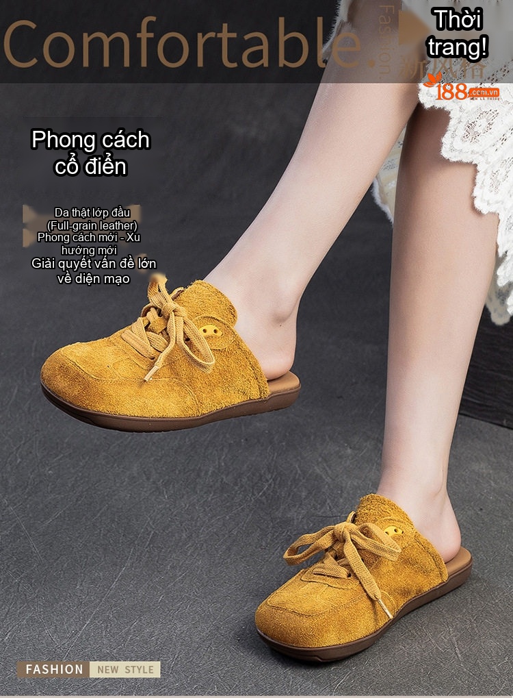 Dép Sục Nữ Da Mờ Mũi Tròn Có Dây Chiều Cao Đế Khoảng 2cm Màu Nâu, Vàng, Xanh Lá chi tiết 1