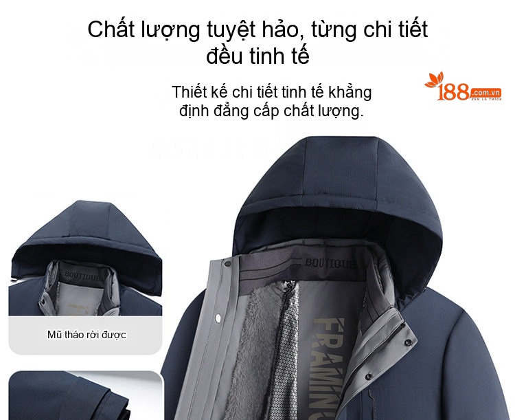 Áo Khoác Phao Nam Lông Vũ Có Mũ Trùm Đầu Dày Dặn Giữ Ấm Nhiều Lớp Màu Xanh Navy, Đen, Nâu chi tiết 6