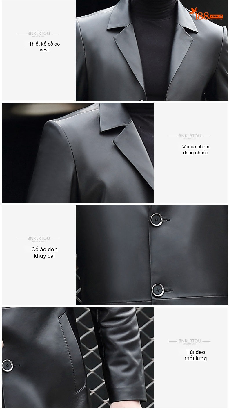 Áo Khoác Da Thật Nam Dáng Dài Haining Da Cừu Phong Cách Blazer Màu Đen chi tiết 11