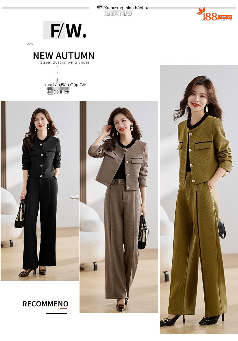 Bộ Vest Nữ Quần Ống Rộng Công Sở Thanh Lịch Màu Đen, Xanh Rêu, Nâu chi tiết 4