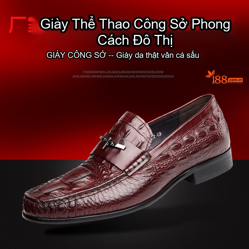 Giày Lười Nam Vân Cá Sấu Chiều Cao Đế Khoảng 3cm Màu Đỏ Rượu, Đen