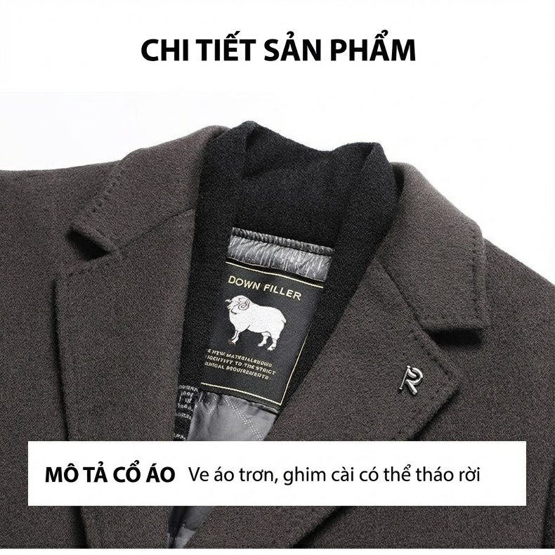 Áo Khoác Dạ Nam Cổ Khăn Lông Vũ Tháo Rời Cao Cấp Màu Đen, Xám chi tiết 28