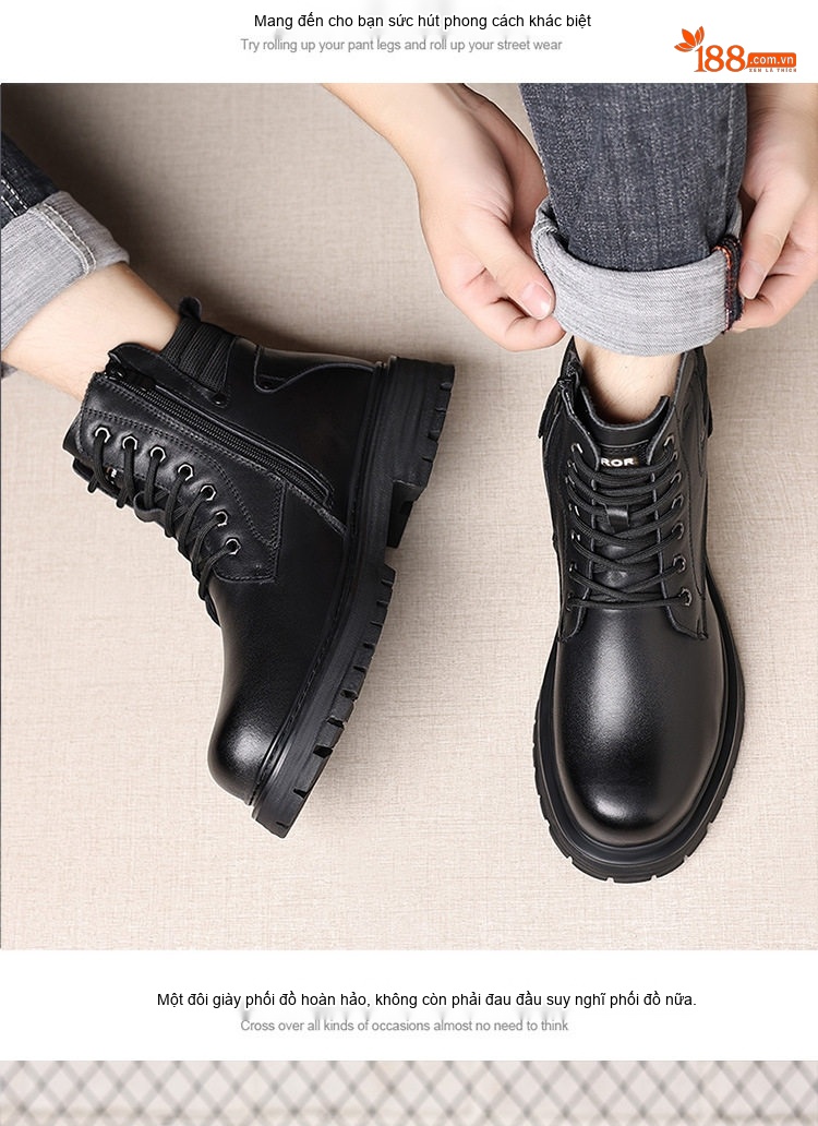 Boot Nam Da Thật Lông Cừu Giữ Ấm Chiều Cao Đế Khoảng 4cm Màu Đen chi tiết 13