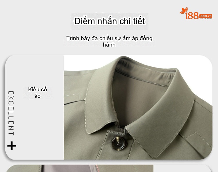 Áo Khoác Gió Nam Trung Niên Dáng Dài Vừa Cổ Bẻ Màu Đen, Xám, Xanh Navy chi tiết 5