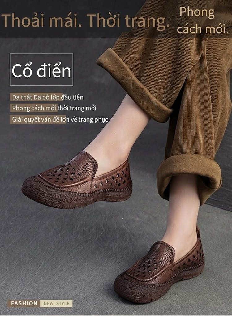 Giày Lười Nữ Da Mờ Thoáng Khí Đục Lỗ Chiều Cao Đế Khoảng 2cm Phong Cách Vintage Màu Kem, Nâu chi tiết 1