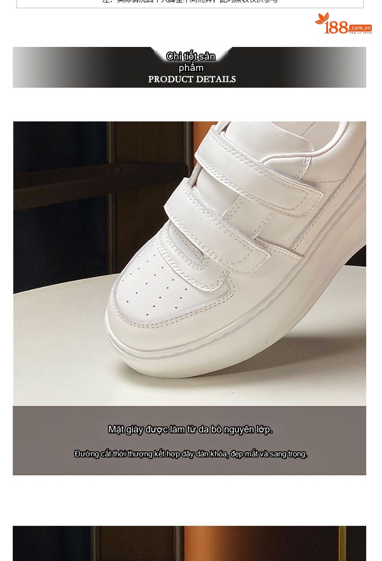 Giày Sneaker Nữ Da Bò Ma Thuật Dán Đế Cao 6cm Màu Trắng chi tiết 3