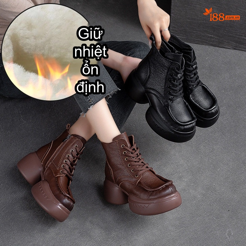 Boot Martin Nữ Dây Buộc Da Mờ Giữ Ấm Mùa Đông Chiều Cao Đế Khoảng 5cm Màu Đen, Nâu