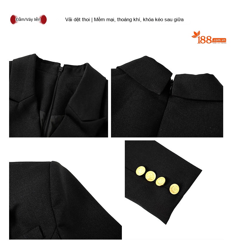 Váy Ôm Body Nữ Cổ chữ Vest Tay Dài Hai Hàng Cúc Phong Cách Quý Cô Màu Đen, Trắng Kem chi tiết 4