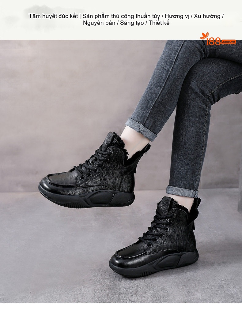 Giày Boot Nữ Da Bò Lót Lông Cừu Non Cổ Cao Dây Buộc Chiều Cao Đế Khoảng 5cm Màu Be, Đen chi tiết 1