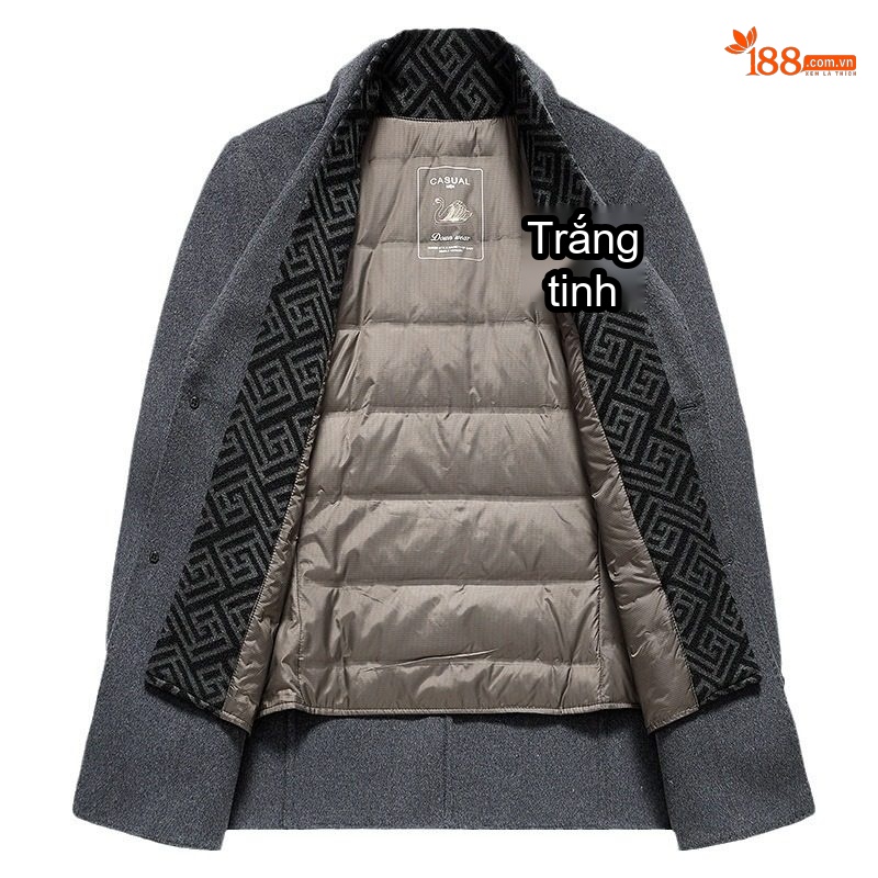 Áo Khoác Dạ Nam Lót Lông Vũ Cổ Khăn Choàng Tháo Rời Màu Đen, Nâu, Xám