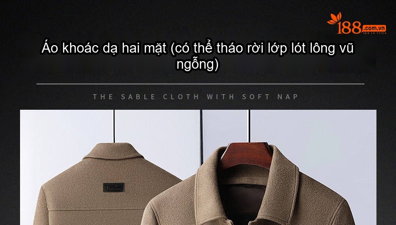 Áo Khoác Nam Hai Mặt Dạ Lông Cừu Cổ Bẻ Lót Lông Vũ Có Thể Tháo Rời Màu Nâu, Đen chi tiết 1