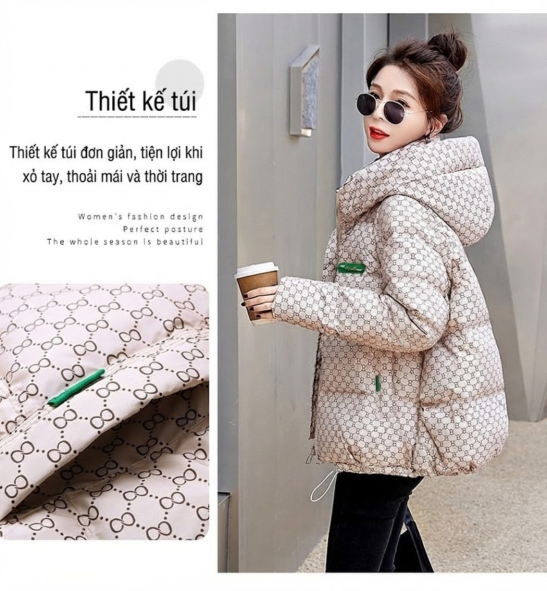 Áo Khoác Phao Nữ Cotton Kiểu Ngắn Thời Trang Màu Trắng Kem, Đen chi tiết 6