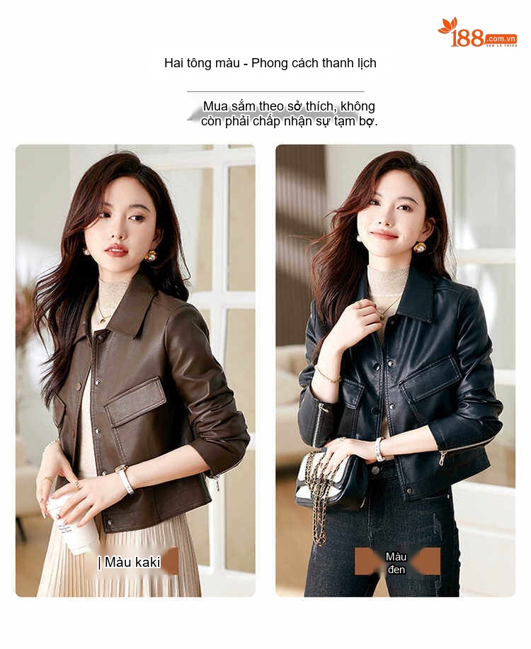 Áo Khoác Da Nữ Da Cừu Dáng Ngắn Thời Trang Thu Đông Màu Đen, Nâu chi tiết 5