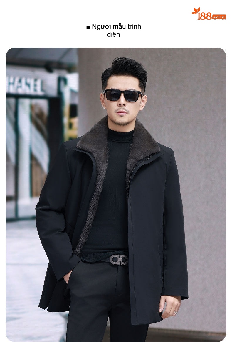 Áo Khoác Parka Nam Lót Lông Chồn Có Thể Tháo Rời Dáng Dài Giữ Ấm Màu Đen chi tiết 6