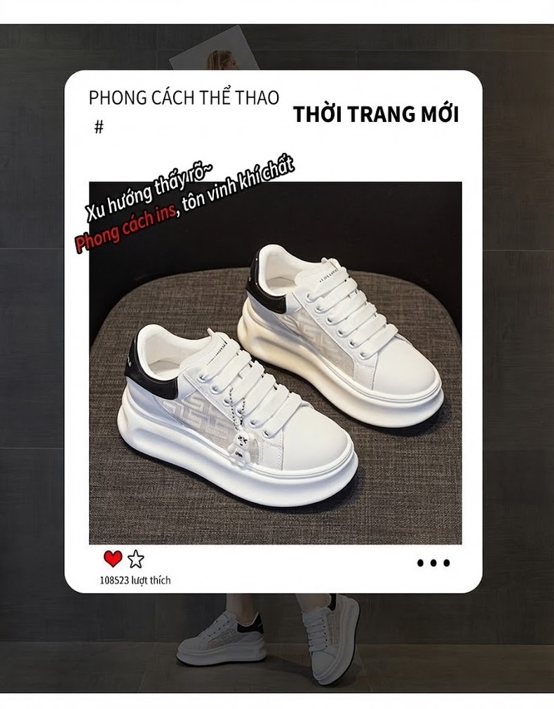 Giày Thể Thao Nữ Đế Cao Khoảng 5cm Kiểu Dáng Sneaker Màu Trắng, Đen, Vàng chi tiết 4