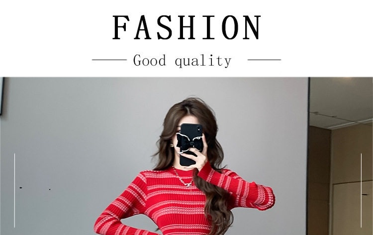 Váy Dệt Kim Nữ Ôm Body Họa Tiết Sọc Dài Tay Thanh Lịch Màu Trắng, Đen, Đỏ chi tiết 1