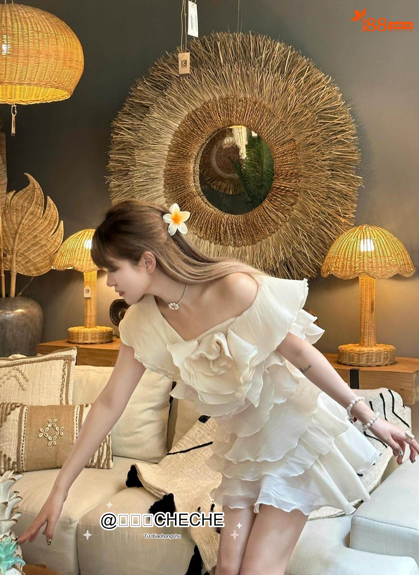 Váy Ngắn Nữ Hở Vai Bèo Nhún Hoa 3D Phong Cách Tiểu Thư Màu Trắng, Hồng chi tiết 13