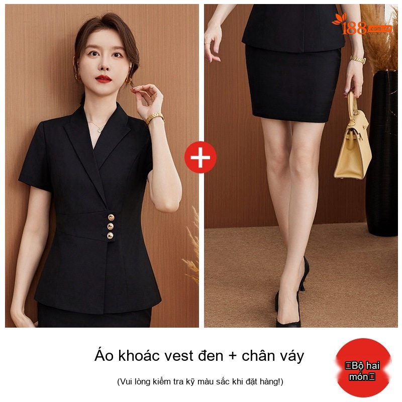 Bộ Vest Công Sở Nữ Tay Ngắn Áo Khoác Chân Váy Màu Đen, Xám, Xanh Navy