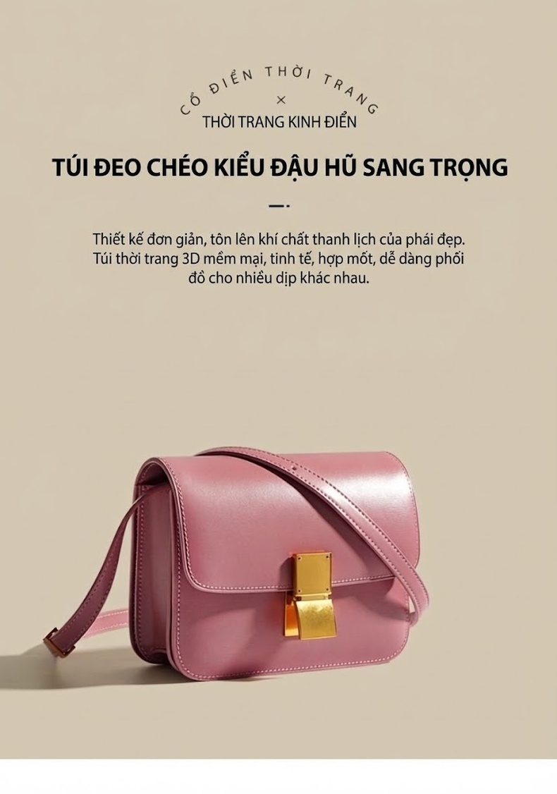 Túi Đeo Chéo Nữ Da Thật Dáng Hộp Nhỏ Phong Cách Retro Màu Hồng chi tiết 1