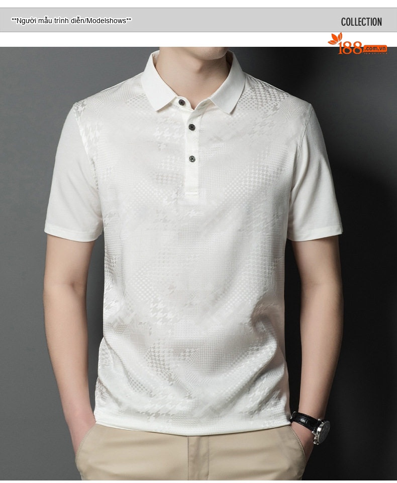 Áo Polo Nam Tay Ngắn Lụa Tơ Tằm Mỏng Nhẹ Họa Tiết Chìm Màu Trắng, Xanh, Đen chi tiết 8