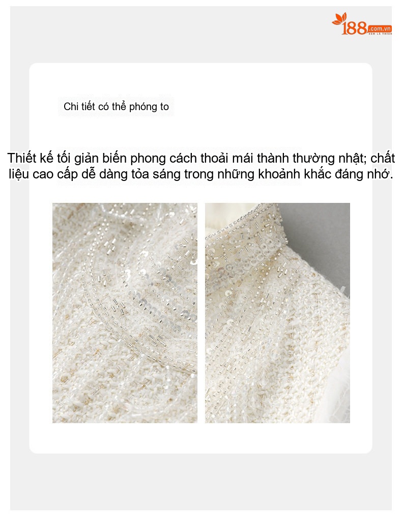 Váy Tiểu Thư Nữ Vải Tweed Lưới Thêu Đính Hạt Thủ Công Phong Cách Quý Phái Màu Trắng chi tiết 6