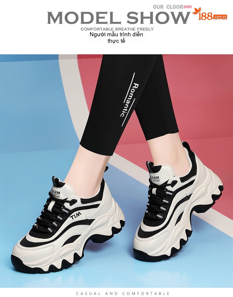Giày Sneaker Nữ Đế Dày Tăng Chiều Cao Phong Cách Thể Thao Chiều Cao Đế Khoảng 5cm Màu Kem, Trắng, Nâu, Đen chi tiết 4