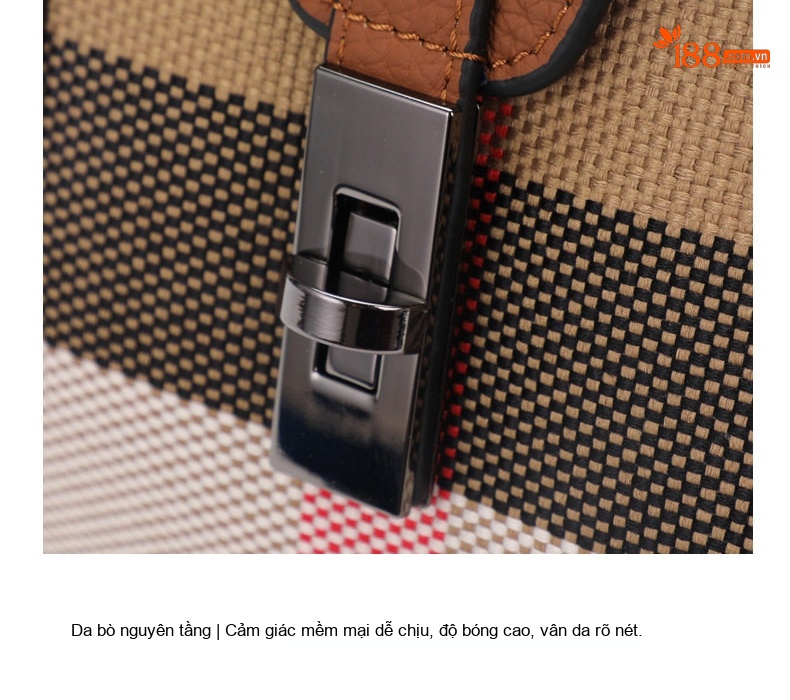 Túi Tote Nữ Da Bò Kết Hợp Vải Bố Họa Tiết Kẻ Sọc Thời Trang Màu Nâu Caramel chi tiết 17