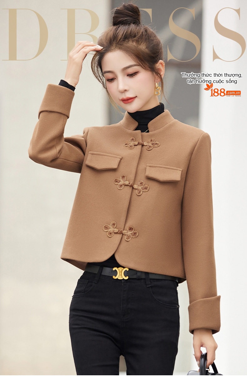Áo Khoác Lông Cừu Cổ Tàu Tay Lỡ Khuy Nút Phong Cách Trung Hoa Màu Be, Nâu, Đỏ chi tiết 1