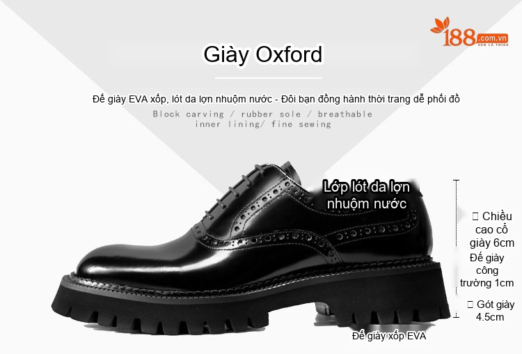 Giày Tây Buộc Dây Nam Da Bóng Đế Dày Chiều Cao Đế Khoảng 5cm Màu Đen chi tiết 3