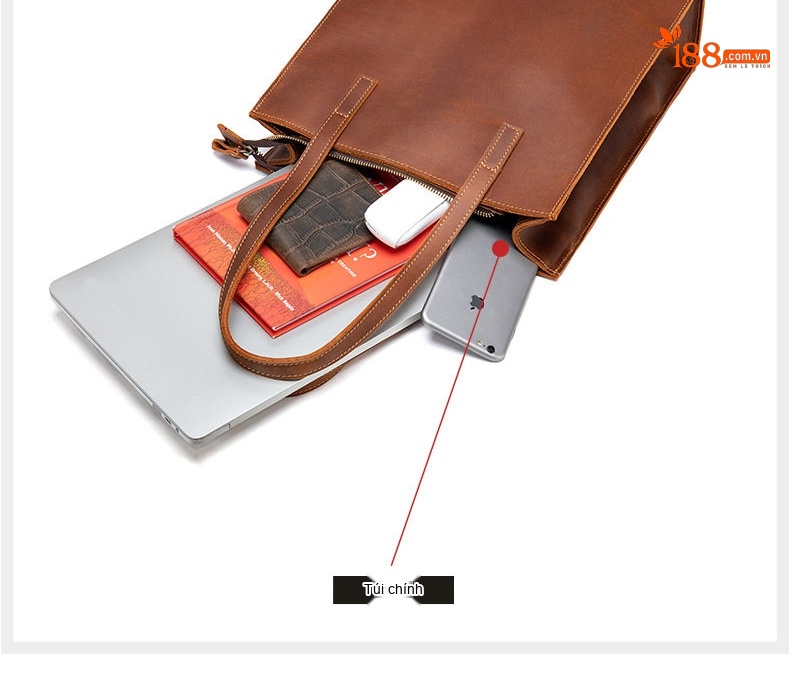 Túi Đeo Vai Nam Da Bò Crazy Horse Đựng Laptop Công Sở Màu Nâu Đậm, Nâu Vàng chi tiết 7