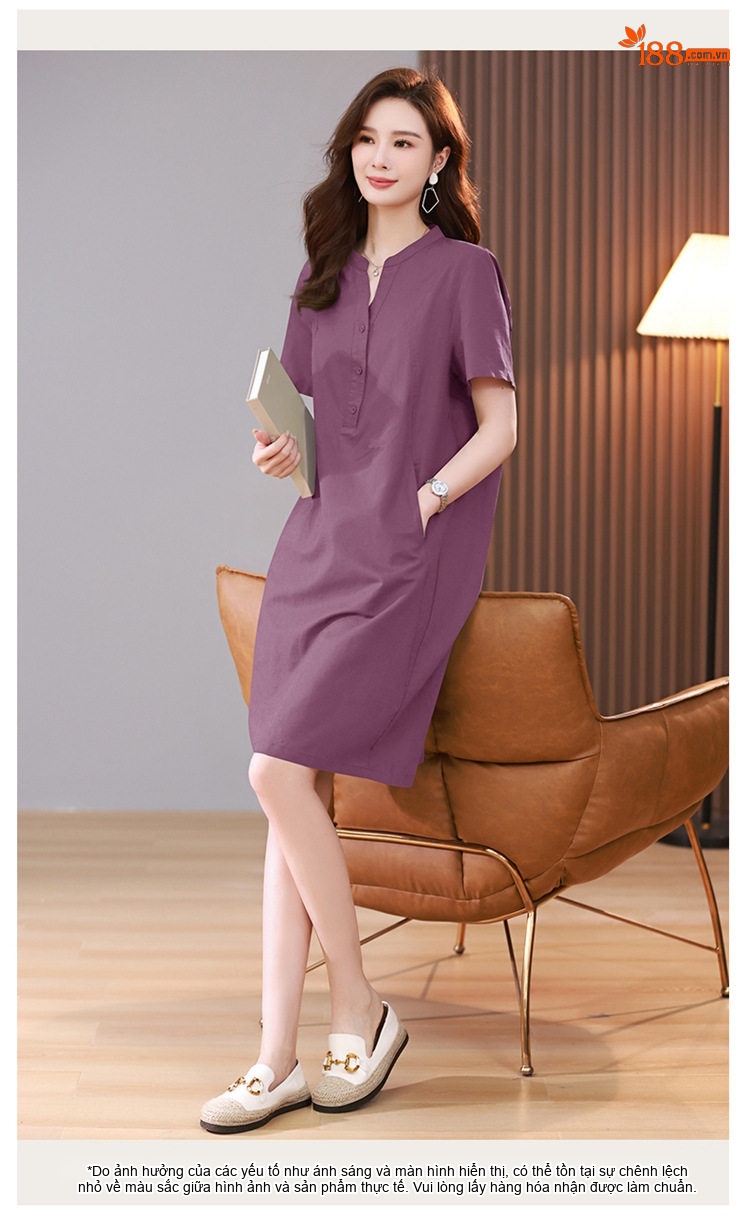 Váy Midi Nữ Cổ chữ V Tay Ngắn Phong Cách Retro Thanh Lịch Cotton Màu Xanh Rêu, Xanh Lá, Tím, Xanh Navy... chi tiết 29