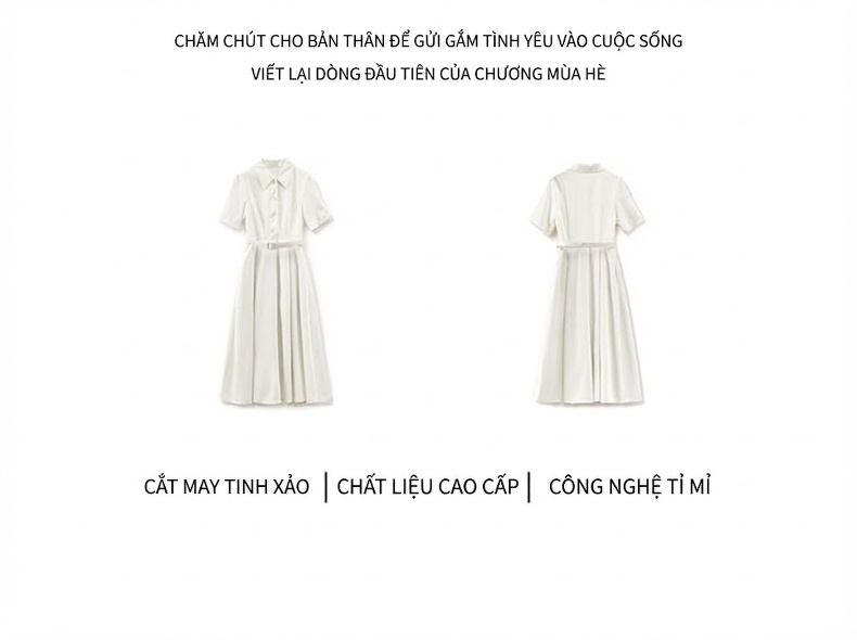 Đầm Midi Nữ Tay Ngắn Cổ Sơ Mi Thanh Lịch Tôn Dáng Màu Trắng Kem chi tiết 3
