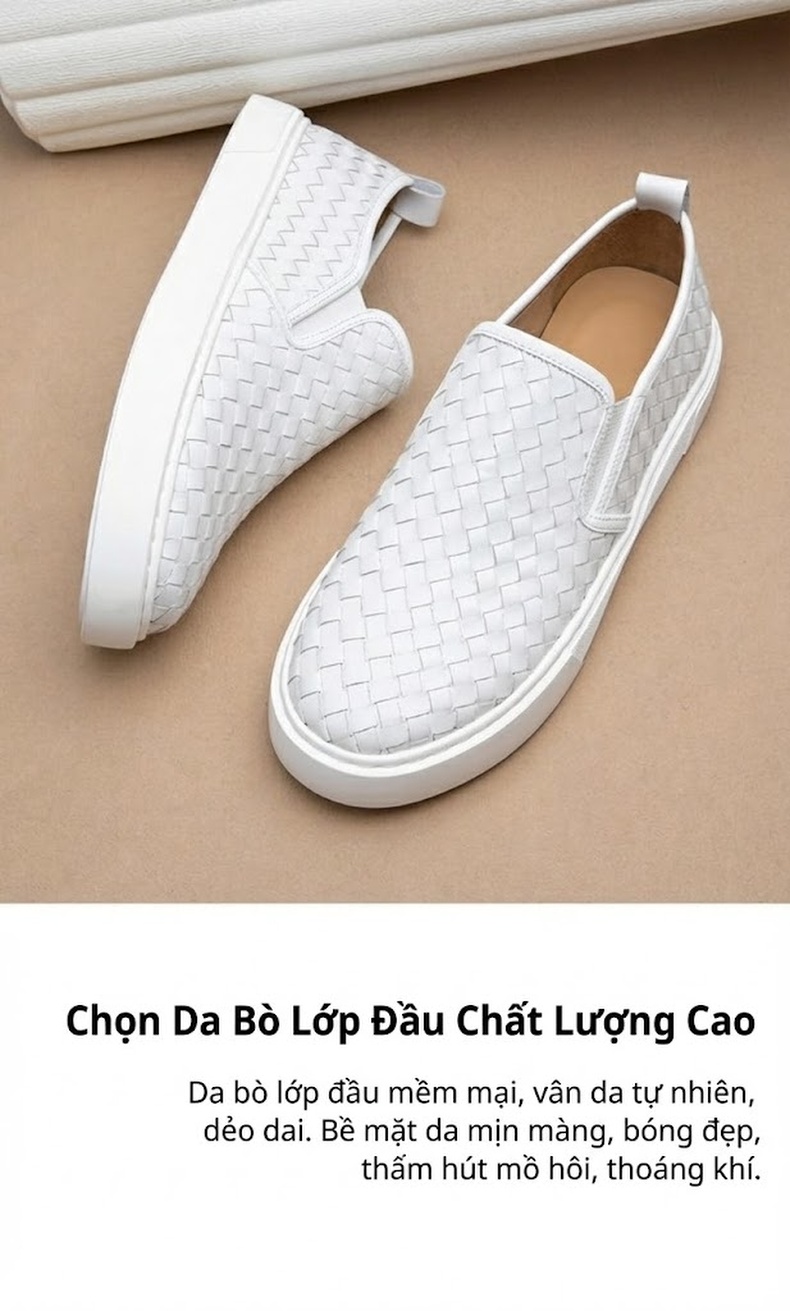 Giày Lười Nam Da Bóng Dệt Chiều Cao Đế Khoảng 3cm Màu Đen, Trắng chi tiết 4