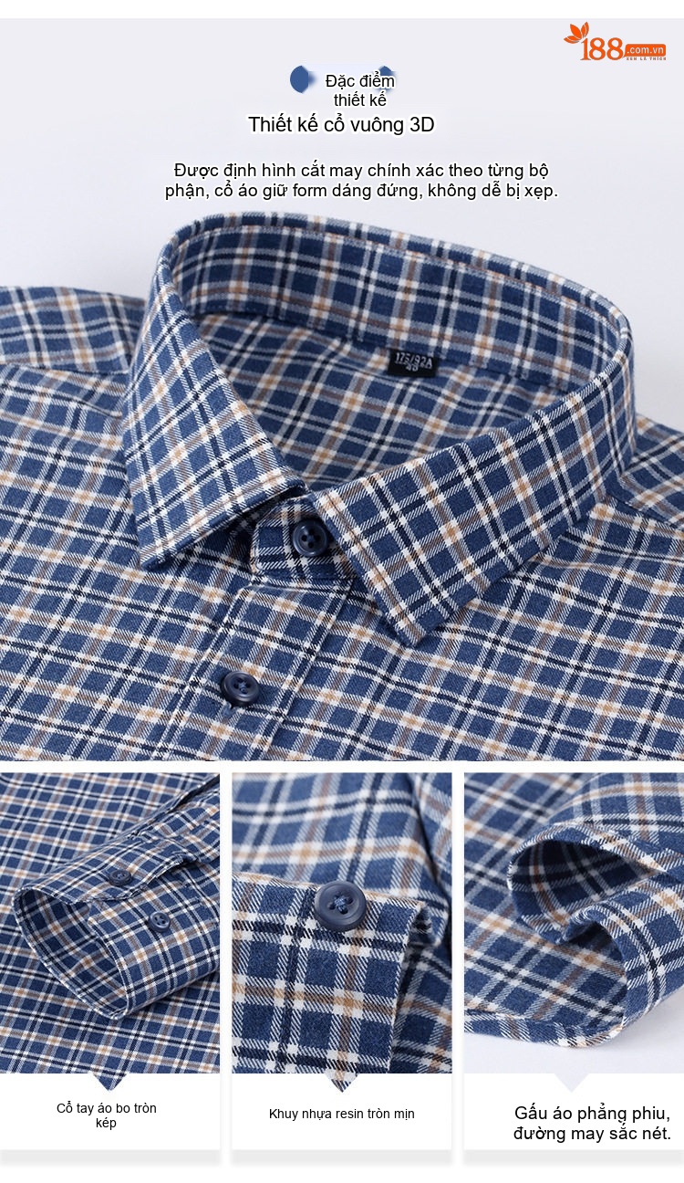 Áo Sơ Mi Tay Dài Nam Cotton Mài Lông Kẻ Caro, Kẻ Sọc Công Sở Màu Xanh, Xám, Nâu, Đỏ... chi tiết 8