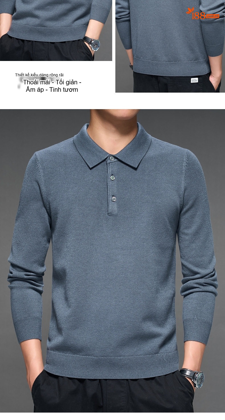 Áo Polo Nam Dệt Kim Cổ Bẻ Dài Tay Giữ Ấm Màu Xám, Xanh Navy, Cam, Đen... chi tiết 11