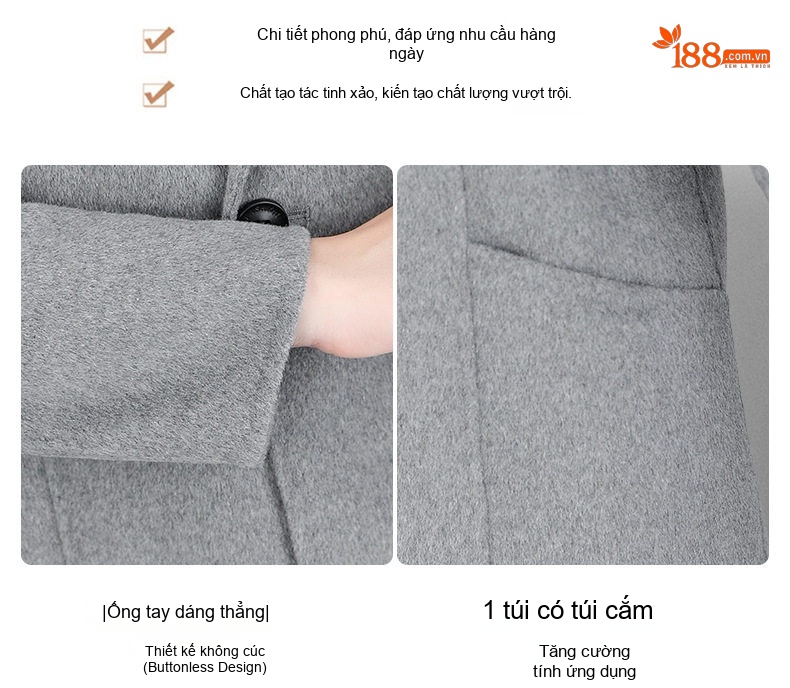 Áo Khoác Dạ Nam Dáng Dài Vừa Cổ chữ Vest Thiết Kế Thủ Công Màu Đen, Xám, Nâu chi tiết 7