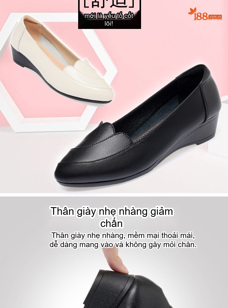 Giày Búp Bê Nữ Da Thật Đế Xuồng Chiều Cao Đế Khoảng 3cm Mũi Tròn Màu Đen, Nâu, Trắng chi tiết 2