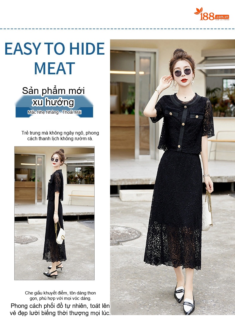 Set Áo Khoác Lửng Và Chân Váy Dài Ren Nữ Tính Thời Trang Màu Trắng, Đen chi tiết 12