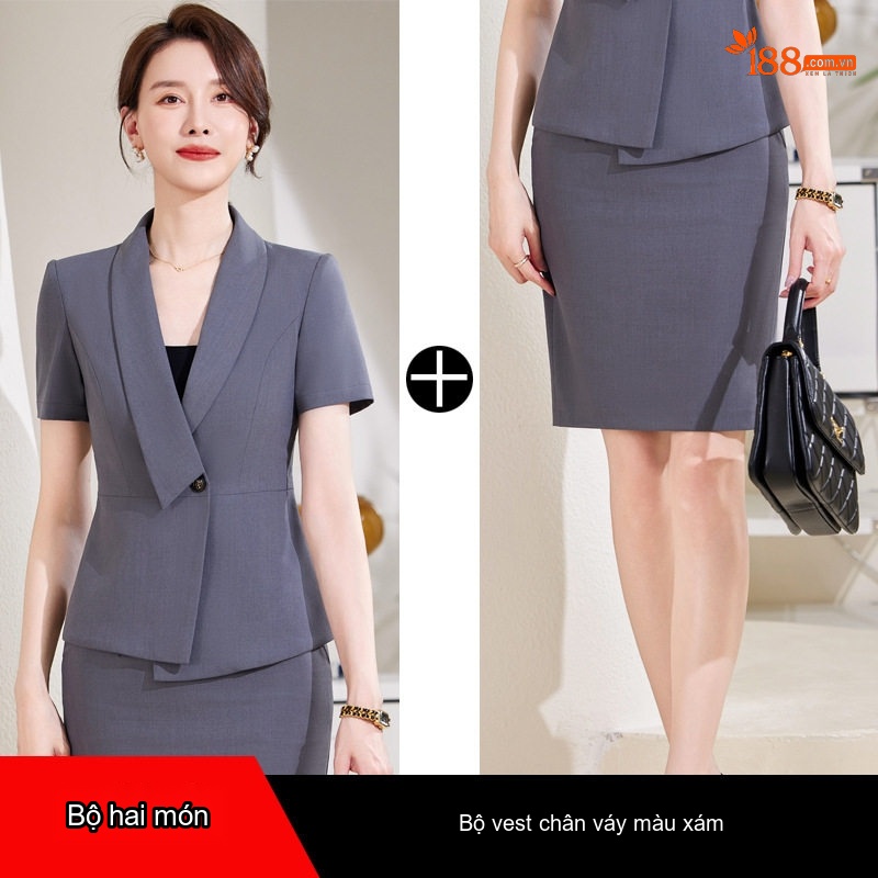 Bộ Vest Công Sở Nữ Tay Ngắn Dáng Lệch Màu Xám, Đen