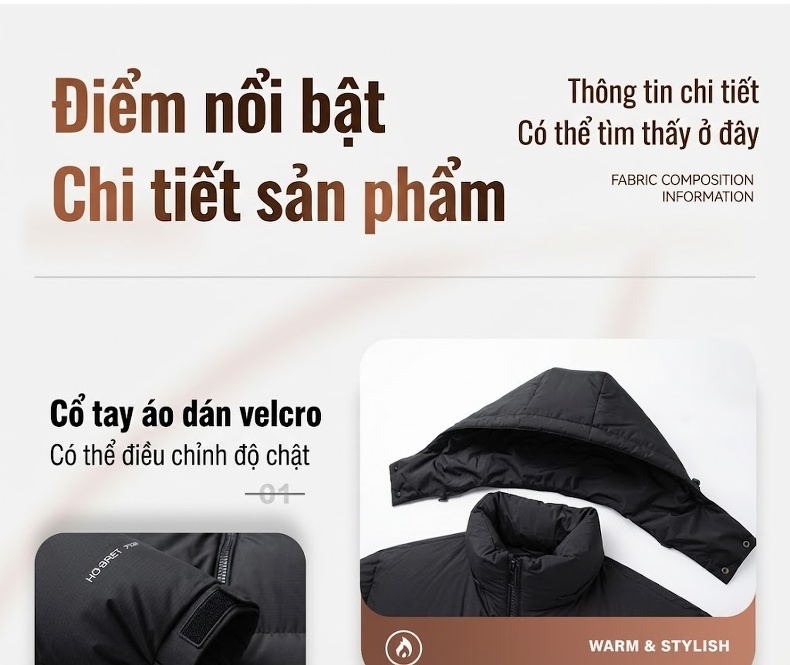 Áo Phao Lông Vũ Nam Ba Lớp Chống Thấm Nước Mũ Trùm Đầu Tháo Rời Siêu Ấm Màu Đỏ, Xám, Đen, Trắng... chi tiết 15