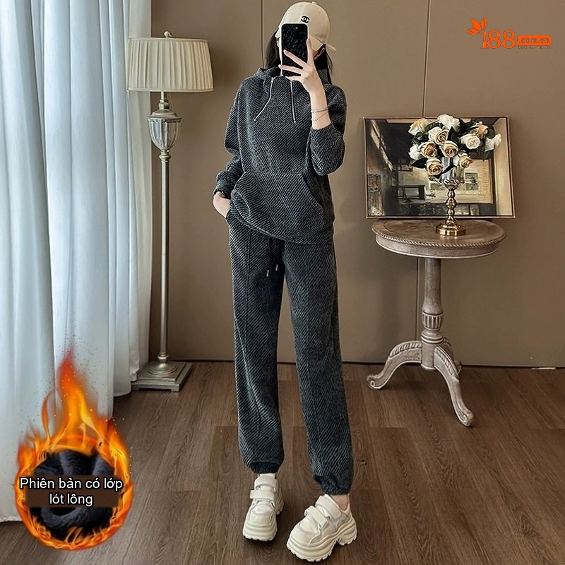 Bộ Đồ Nữ Áo Hoodie và Quần Dài Thể Thao Nỉ Lót Lông Phong Cách Hàn Quốc Màu Xám chi tiết 1
