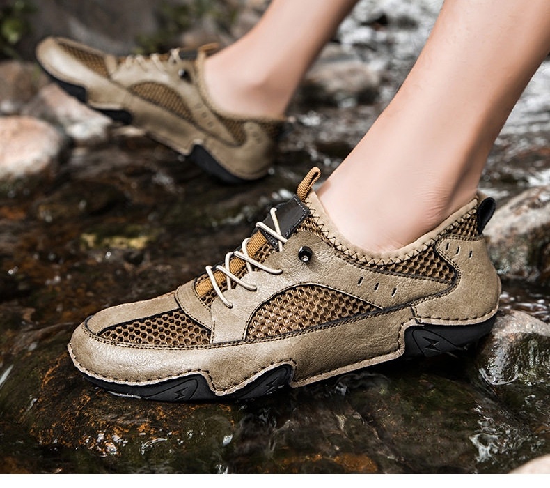 Giày Thể Thao/Sneaker Nam Da Bò Lưới Thoáng Khí Chiều Cao Đế Khoảng 3cm Màu Nâu, Xám, Đen chi tiết 3