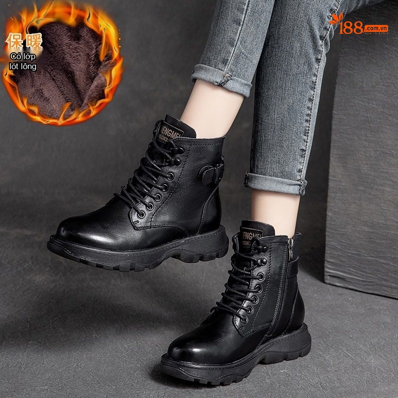 Boot Martin Nữ Da Bò Cổ Thấp Buộc Dây Chiều Cao Đế Khoảng 3.5cm Màu Đen, Nâu