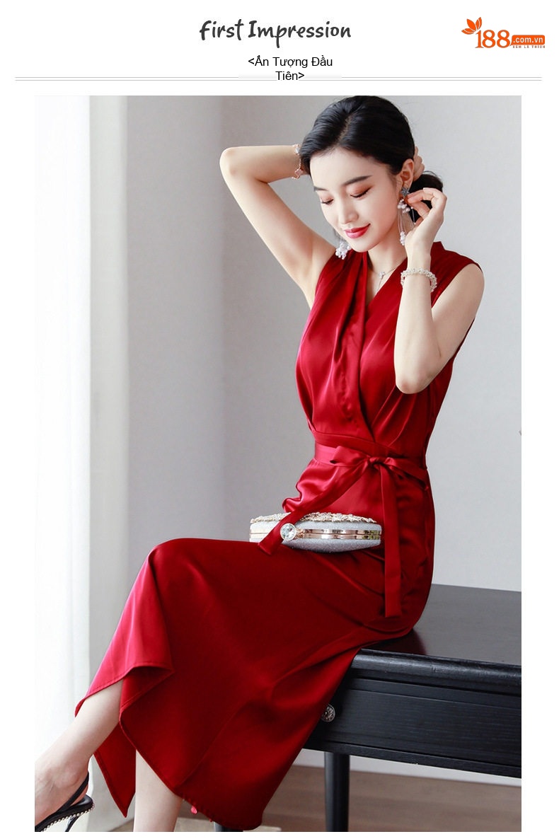 Váy liền thân Nữ Không Tay Cổ chữ V Phong Cách Pháp A Kèm Đai Chất Vải Axetat Cao Cấp Màu Đỏ, Đen chi tiết 1