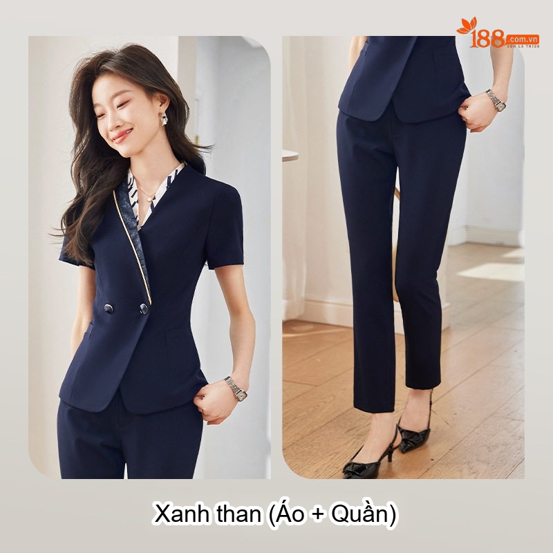 Bộ Vest Nữ Tay Ngắn Mỏng Mùa Hè Phong Cách Công Sở Thanh Lịch Màu Đen, Xanh Than