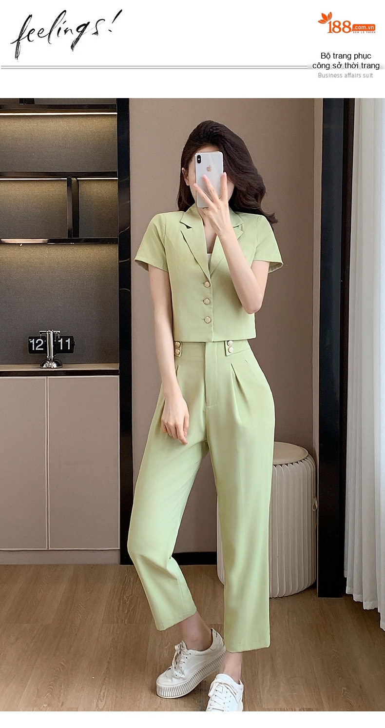 Bộ Vest Công Sở Nữ Tay Ngắn Quần Dài Thanh Lịch Màu Xanh Lá, Tím chi tiết 16