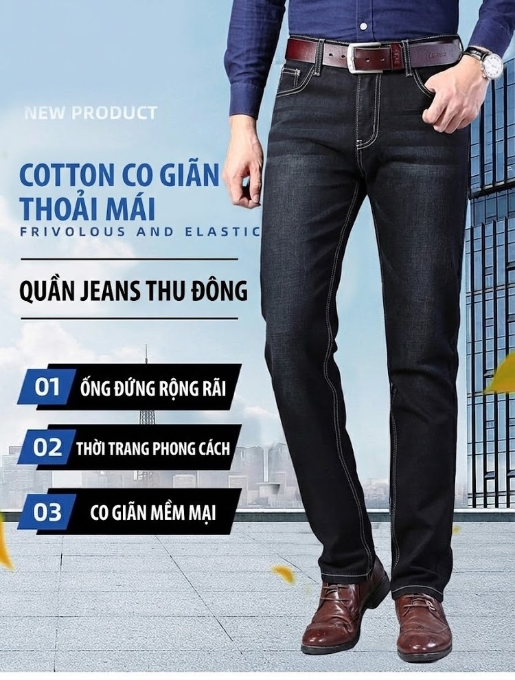 Quần Jean Nam Ống Đứng Dáng Rộng Co Giãn Thoải Mái Màu Xanh Dương, Đen chi tiết 9